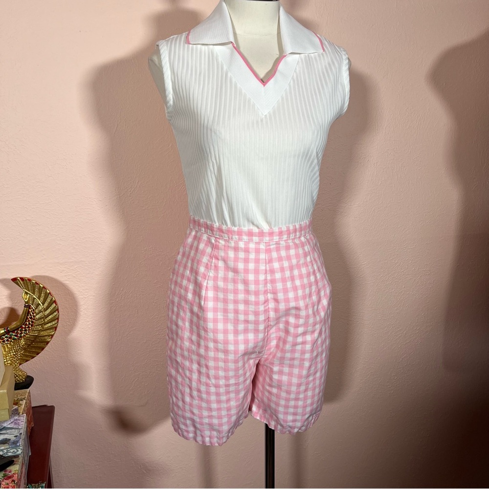 Vintage 50 60 Retro Mod Pink White Gingham Check feminine High waist Short Set